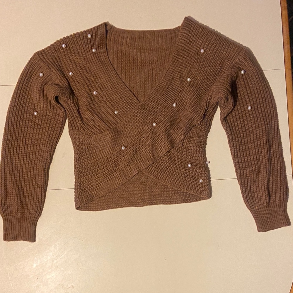 SHEIN Brown V-Neck Sweater with Pearl Details